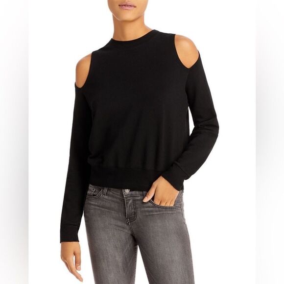 MONROW Supersoft Cutout Shoulder Sweatshirt Pullover Long Sleeve Black‎ Sz Small - Picture 1 of 11